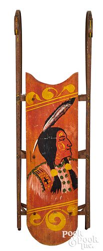 Painted sled, bust of a Native American Indian