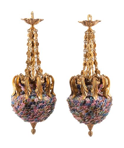 A Pair of Continental Gilt Bronze and Colored Glass Lanterns