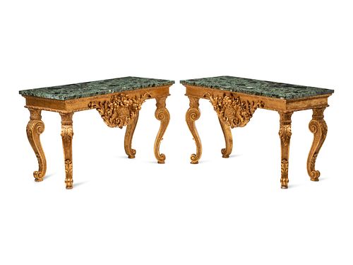 A Pair of George II Style Giltwood Marble-Top Console Tables