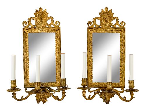 A Pair of Continental Mirror-Inset Gilt Brass Three-Light Girandoles