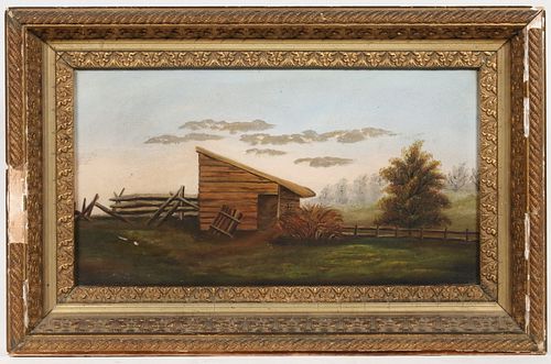 FOLK ART PAINTING OF AN OUTBUILDING