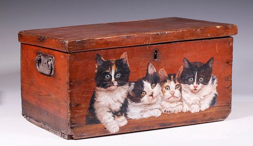 EARLY PINE BOX WITH PAINTED CATS