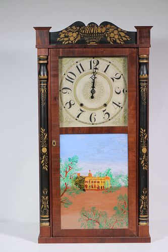AMERICAN MAHOGANY BRACKET CLOCK WITH OGEE GLASS PAINTINGS