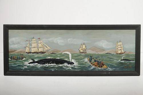 AMERICAN FOLK ART WHALING PAINTING SIGNED 'LEIGH'