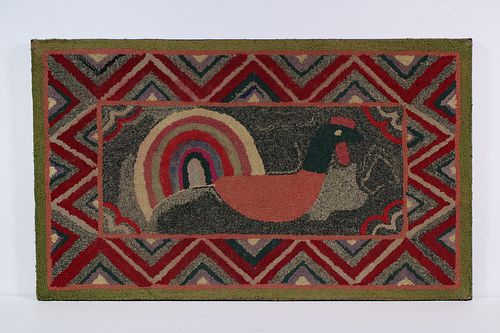 FINE NEW ENGLAND HOOKED RUG OF A CHICKEN, STRETCHED TO HANG
