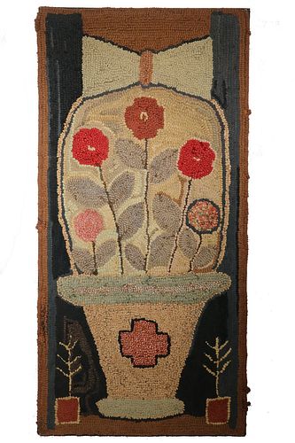 HOOKED RUG WITH FLOWER POT - 36" x 17 3/4"