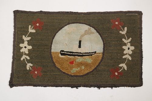 HOOKED RUG WITH BOAT - 28 1/4" x 17"