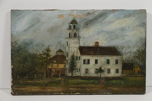NAIVE PAINTING OF A NEW ENGLAND TOWN