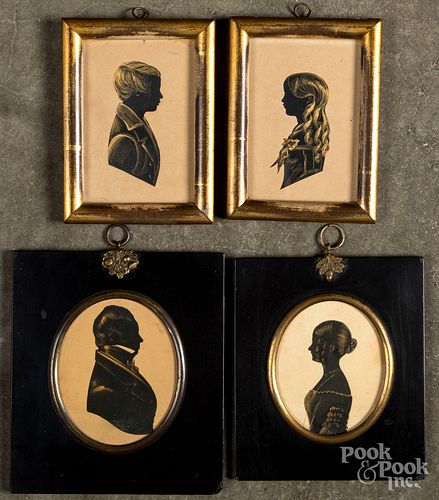 Two pairs of watercolor silhouettes, 19th c.