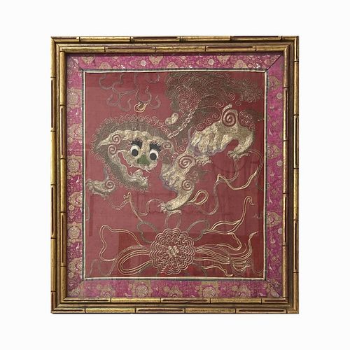Antique Foo Lion Chinese Textile Wall Art