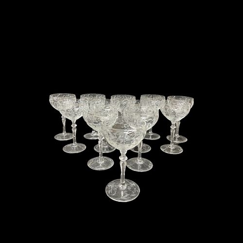 (12) Floral Etch Design Crystal Wine Glasses