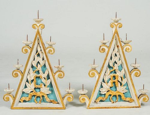 PAIR OF PAINTED AND GILT SEVEN LIGHT WALL PRICKET SCONCES