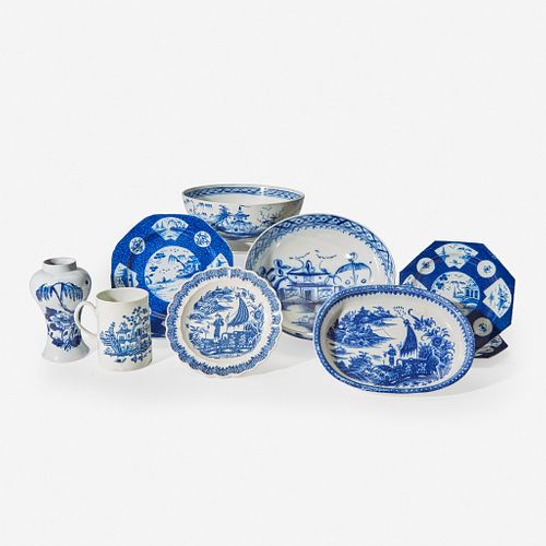 A group of ten English soft paste porcelain blue and white tablewares Worcester, Caughley, and Isleworth, Middlesex, late 18th century