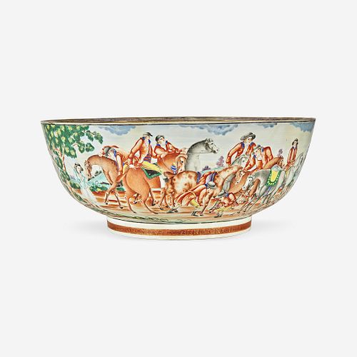 A Chinese Export porcelain gilt and polychrome decorated punch bowl with hunt scene 18th century