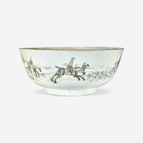 A Chinese Export porcelain grisaille decorated punch bowl with hunt scenes circa 1750