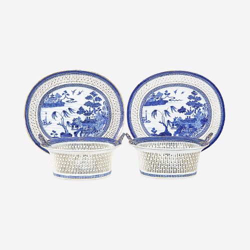 A pair of Chinese Export porcelain gilt-decorated blue and white reticulated baskets and stands circa 1800