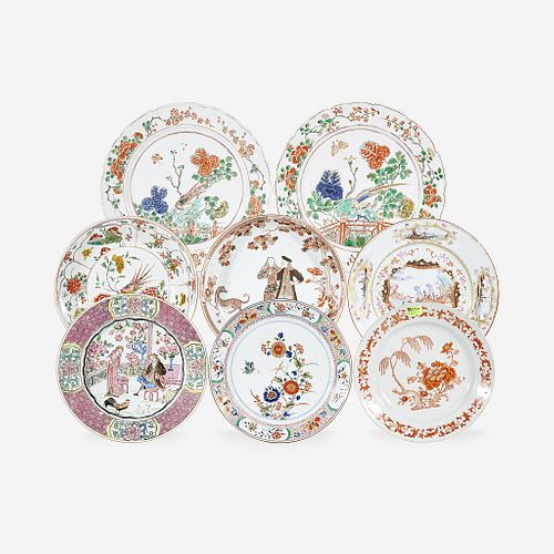 An assorted group of eight Chinese Export porcelain figural and Famille Verte plates/dishes 18th century