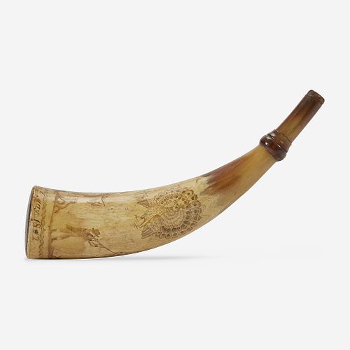 A carved powder horn Inscribed and dated, "Cyrus Harris delin'd May 1802"