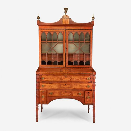 A Federal carved and inlaid mahogany and flame birch secretary Manner of William Hook (1777-1867), Salem, MA, circa 1815