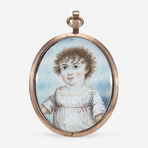 English School 19th century Portrait Miniature of a Child with Short Curls in a White Dress