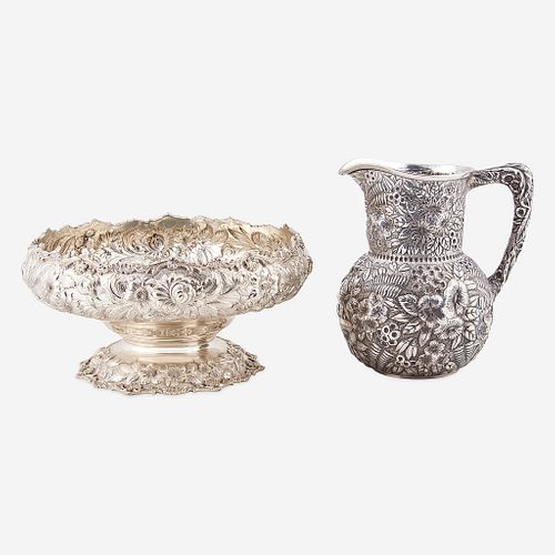 A floral repouss&#233; sterling silver water jug and center bowl S. Kirk & Son, Co., Baltimore, MD, late 19th and 20th century
