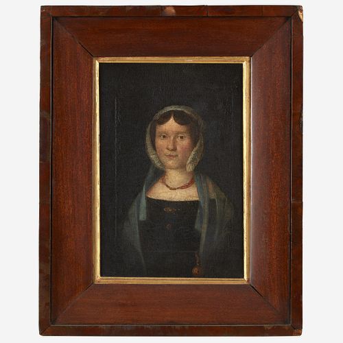 Continental School 19th century Portrait of a Young Lady with White Cap and Coral Beads
