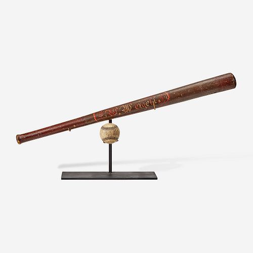A baseball assemblage: Victorian paint decorated presentation bat and oil cloth baseball Possibly Reading, Pennsylvania, late 19th century