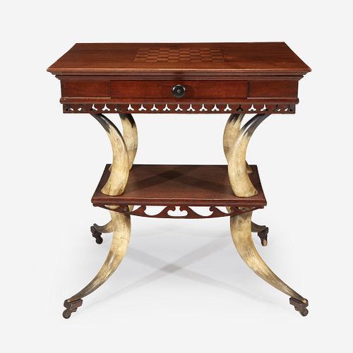 A carved and inlaid walnut and steer horn side table Probably Texas, late 19th century