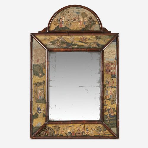 A Queen Anne style needlework and burl walnut mirror late 18th/early 19th century