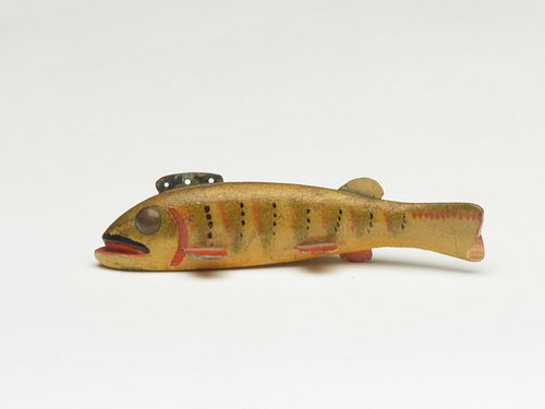 Stylish and unusual perch fish decoy, Oscar Peterson, Cadillac, Michigan, 2nd quarter 20th century.