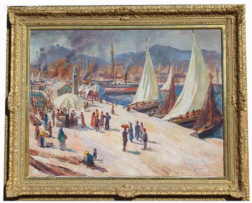 Signed, Large Impressionist Barcelona Harbor Scene