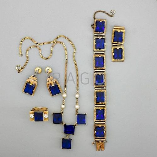 SUITE OF SYNTHETIC GEM AND 14K GOLD JEWELRY