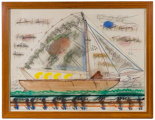 Roy de Forest (American, 1930-2007) 'Four Women in a Sailboat' Pastel and Colored Pencil on Paper