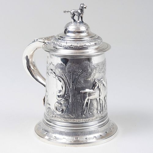 William IV Silver Tankard Repousse with Horses and Hound Finial
