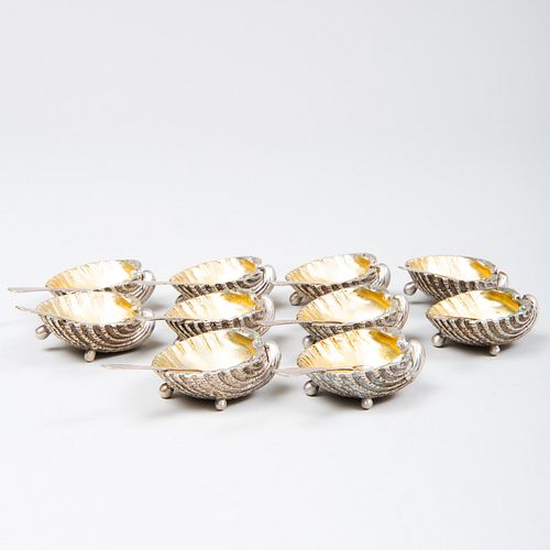 Set of Ten Italian Silver Shell Form Salt Cellars and Spoons