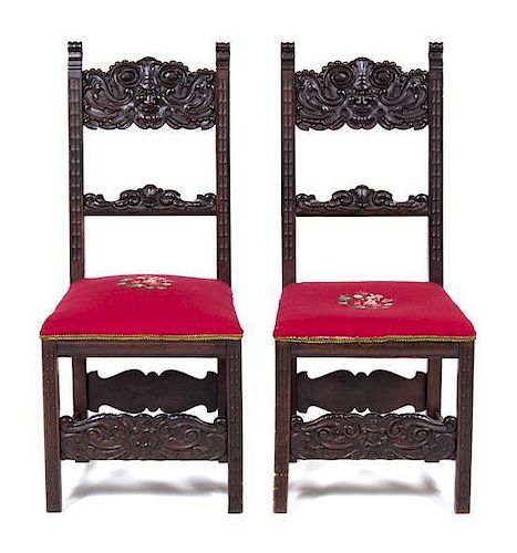 A Pair of Jacobean Side Chairs Height 41 1/4 inches.