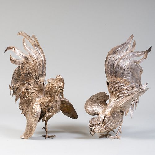 Large Pair of Silver Plate Fighting Roosters