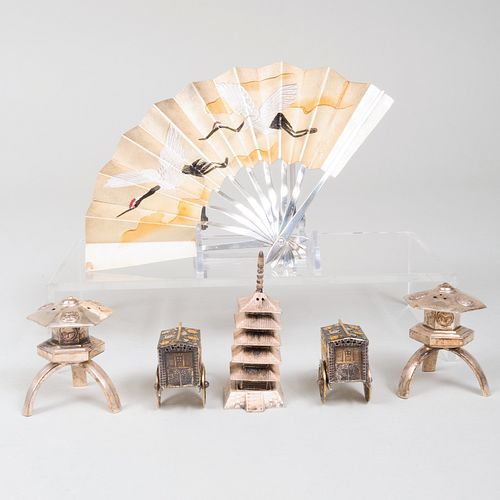 Group of Japanese and Chinoiserie Silver Casters and a Enameled Silver Model of a Fan