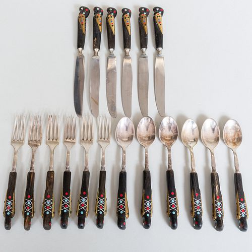 Set of Silver Plate and Inlaid Wood 'Bird' Flatware