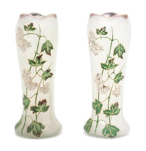 * A Pair of Painted Glass Vases Height 10 3/4 inches.