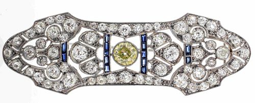 Art Deco Platinum Yellow Diamond & Sapphire Brooch