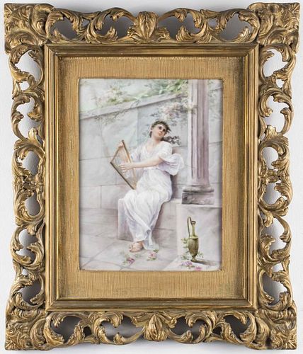 "Maiden Playing Harp" French Porcelain Plaque