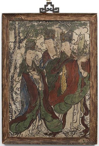 Chinese Ming Dynasty Polychrome Fresco Panel