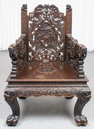 Chinese Carved Hardwood Armchair with Dragons