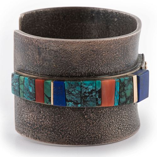 Raymond Sequaptewa
(Hopi, b. 1948)
Silver Cuff Bracelet, Accented with Gold, Turquoise, Lapis, and Coral