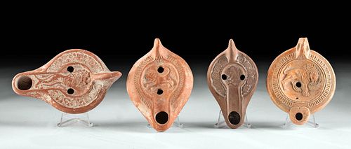 Four Roman North African Terracotta Oil Lamp with Lions