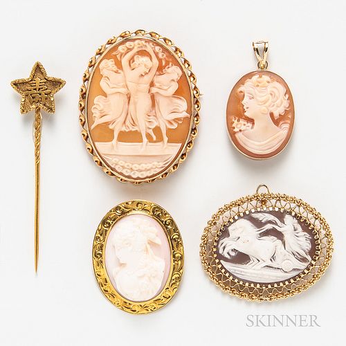 Four 14kt Gold and Shell Cameo Items