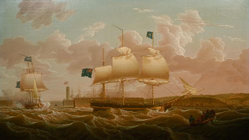 Robert Salmon
(American/Scottish, 1775-1844)
A privateer in two positions leaving Whitehaven Harbour, 1801