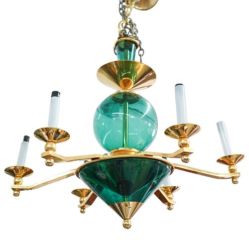 Mid-Century Green Glass / Brass Chandelier