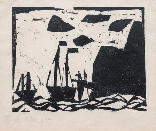 Lyonel Feininger
(American/German, 1871-1956)
Schiffe am Felsenstrand (Ships along a rocky coast), 1920